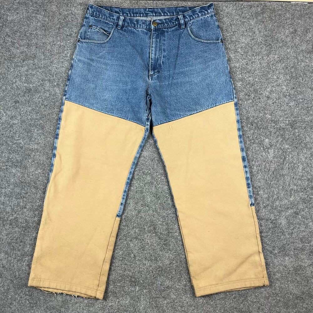 Scheels‎ Outfitters Jeans Mens Size 38x30 Blue Tan Colorblock Denim Workwear